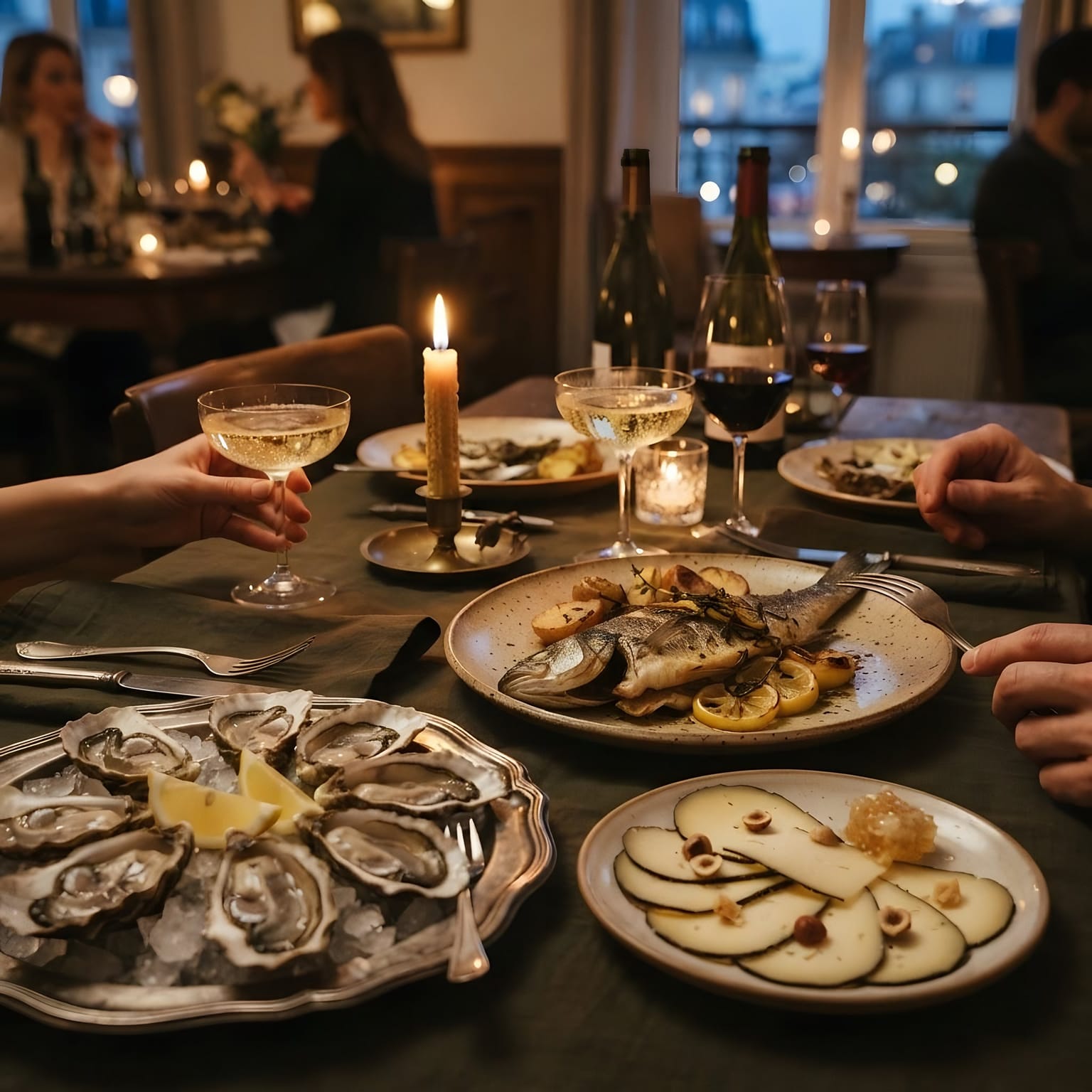 Table dressée à la bougie : huîtres, poisson rôti et coupes de champagne