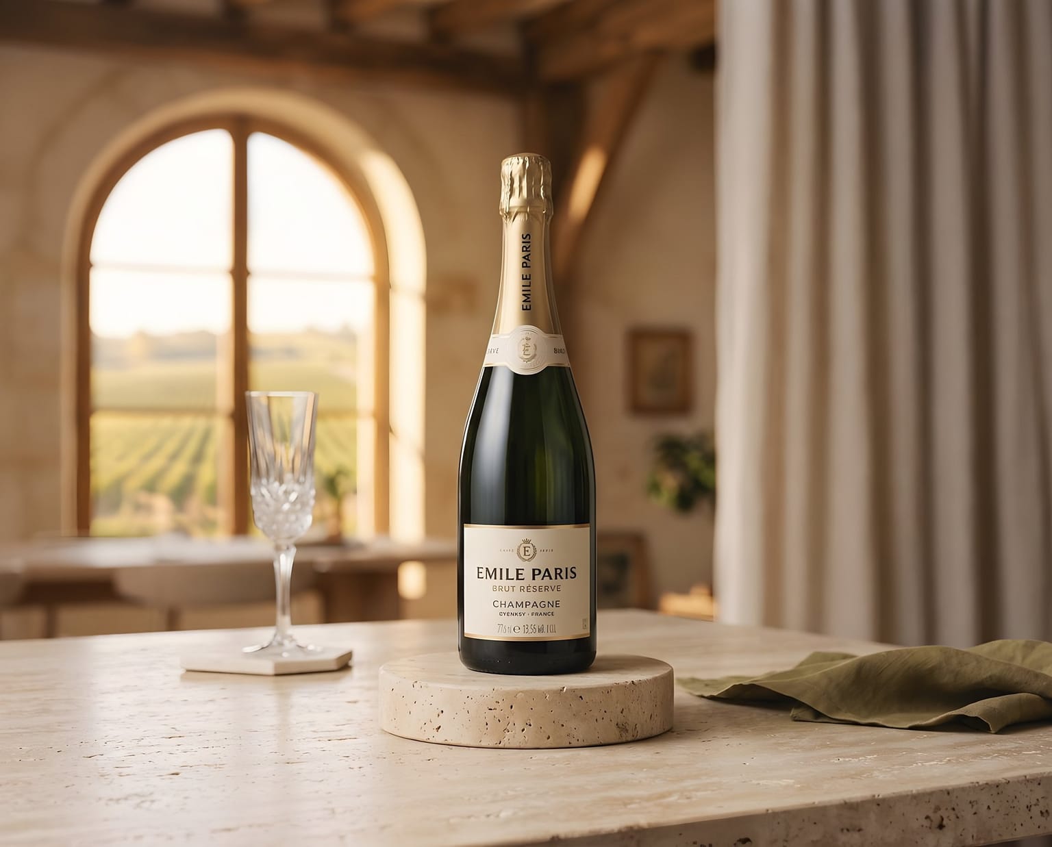 Champagne Emile Paris Brut, bouteille mise en scène