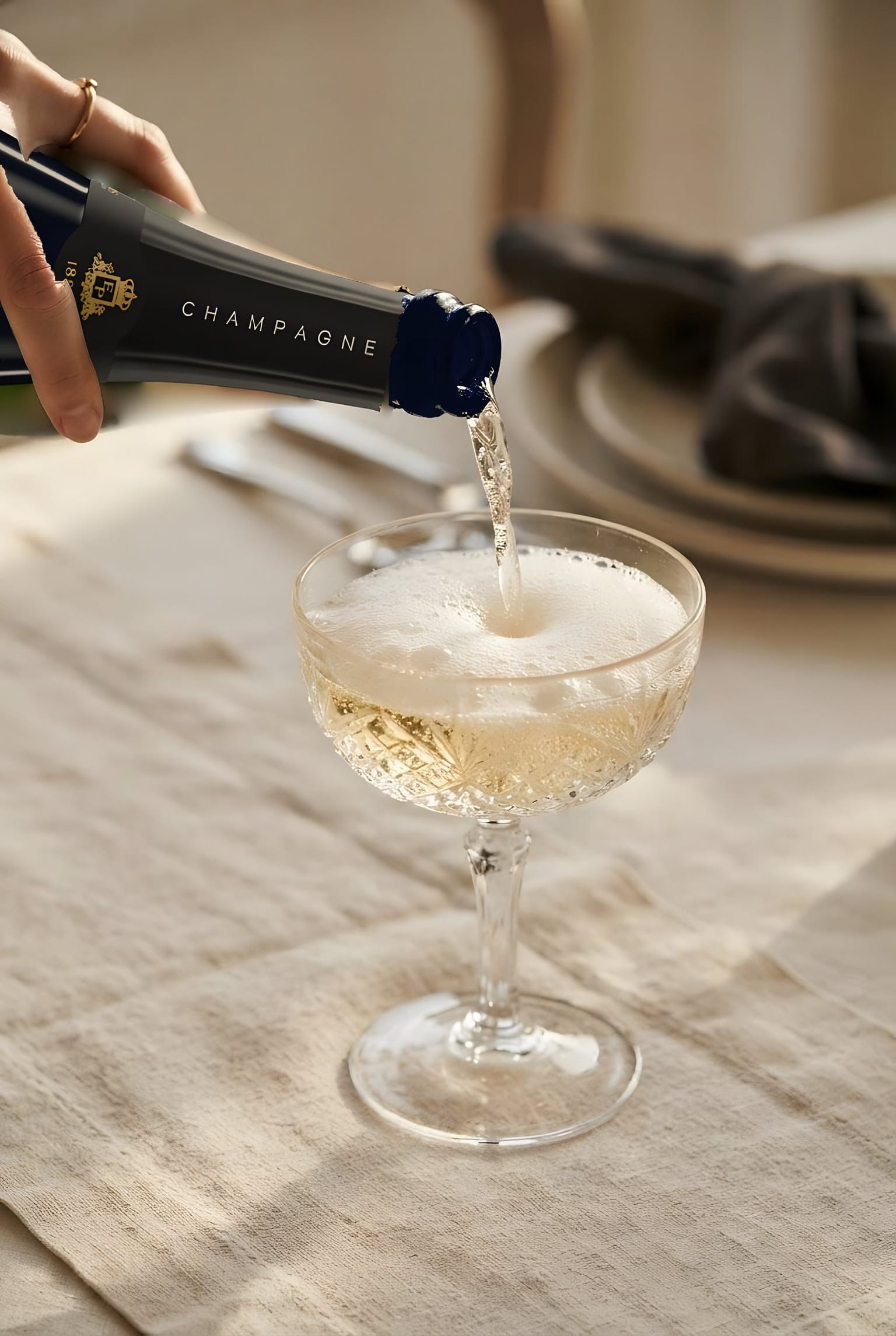 Champagne versé dans une coupe, sur une nappe de lin