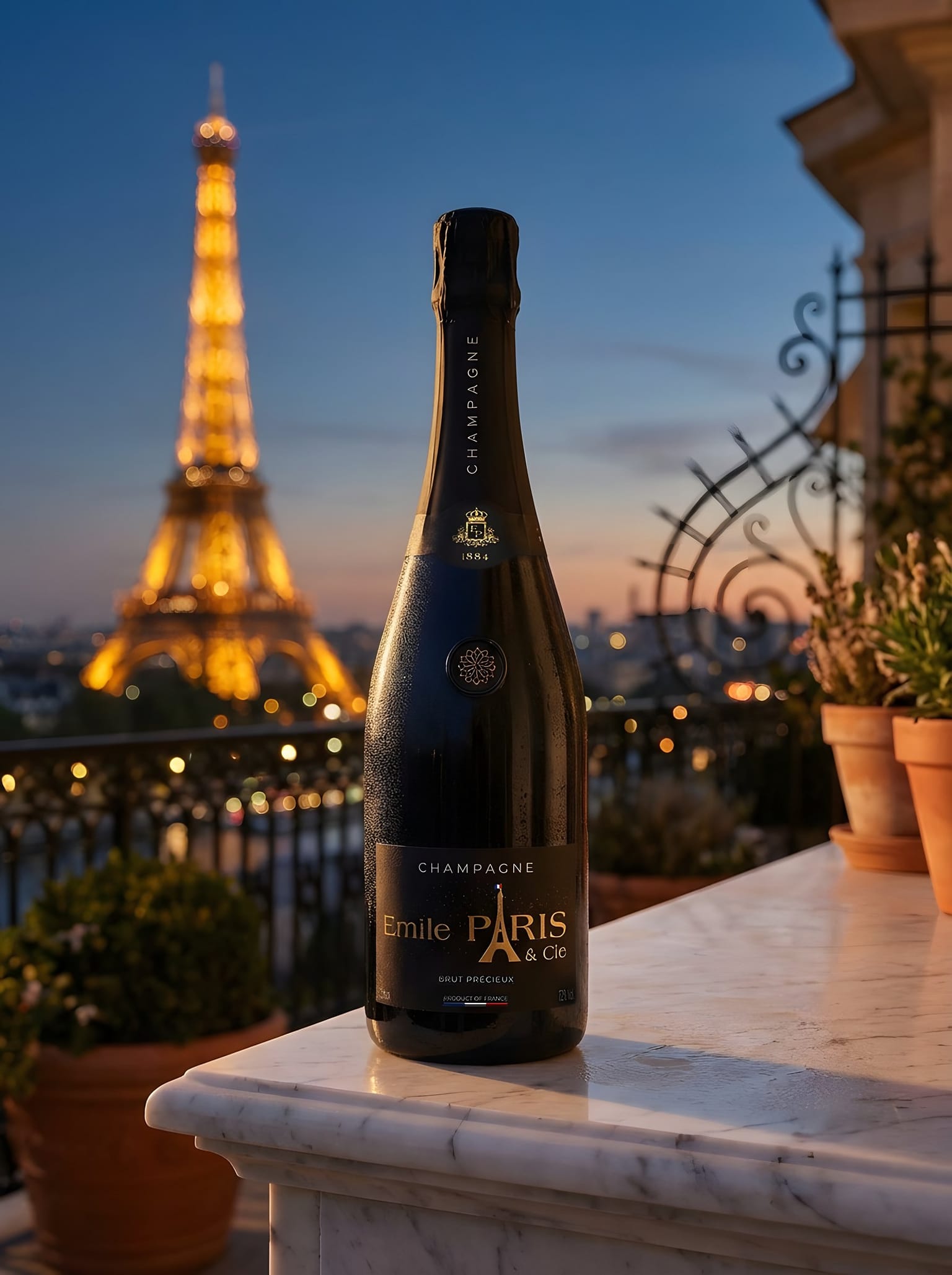 Champagne Emile Paris Brut Précieux, bouteille mise en scène