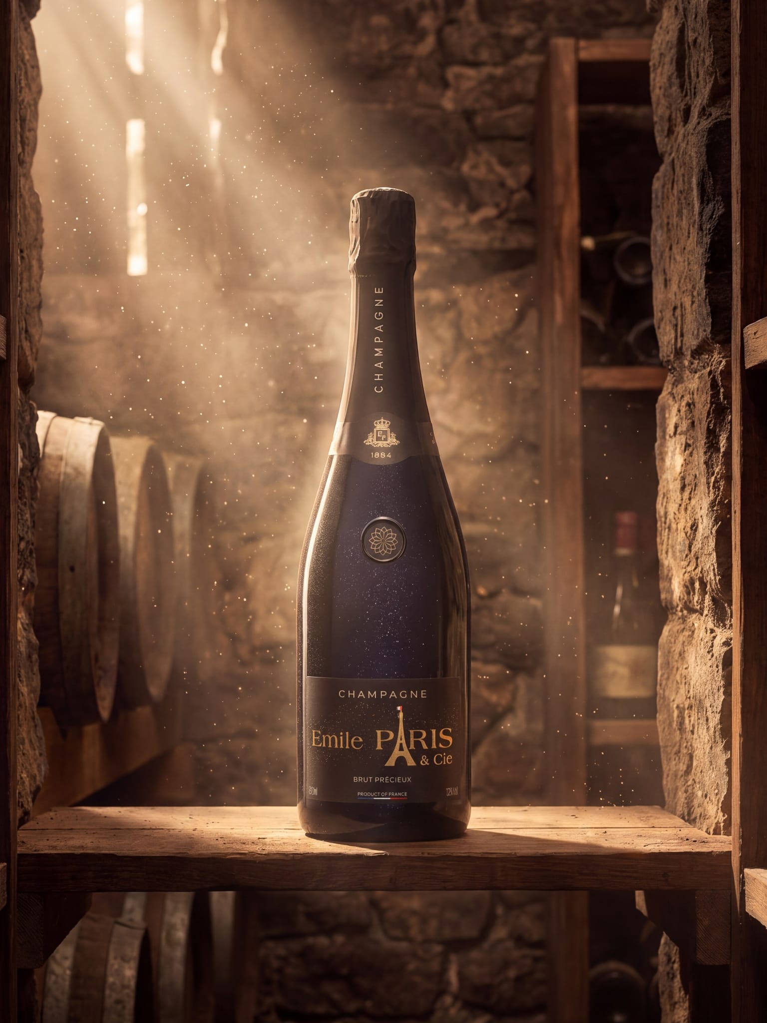 Une bouteille de Brut Précieux dans la cave, éclairée par un rai de lumière, entre les fûts et les vieux millésimes